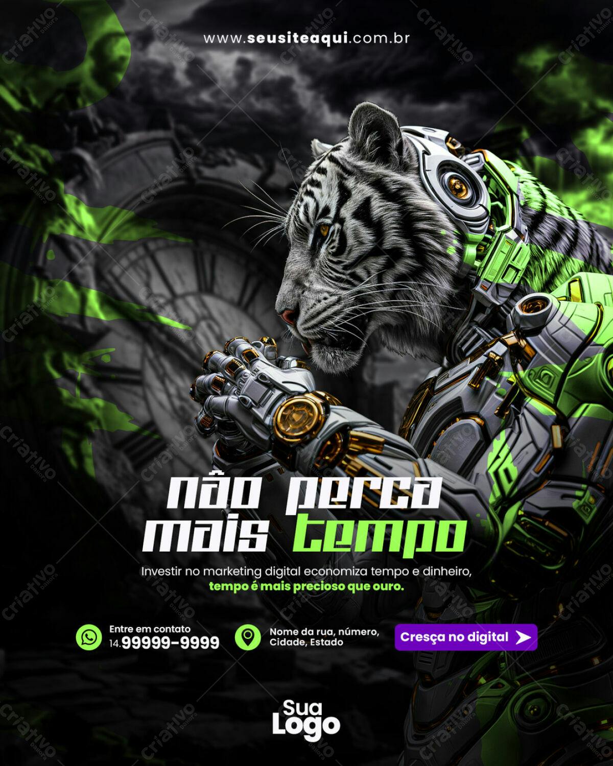 Flyer Marketing Digital com Tigre Robô PSD Editável