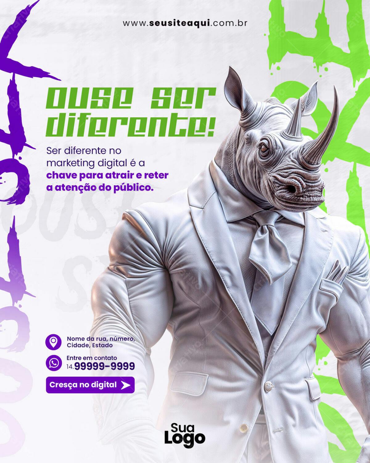 Flyer Marketing Digital com Rinoceronte PSD Editável