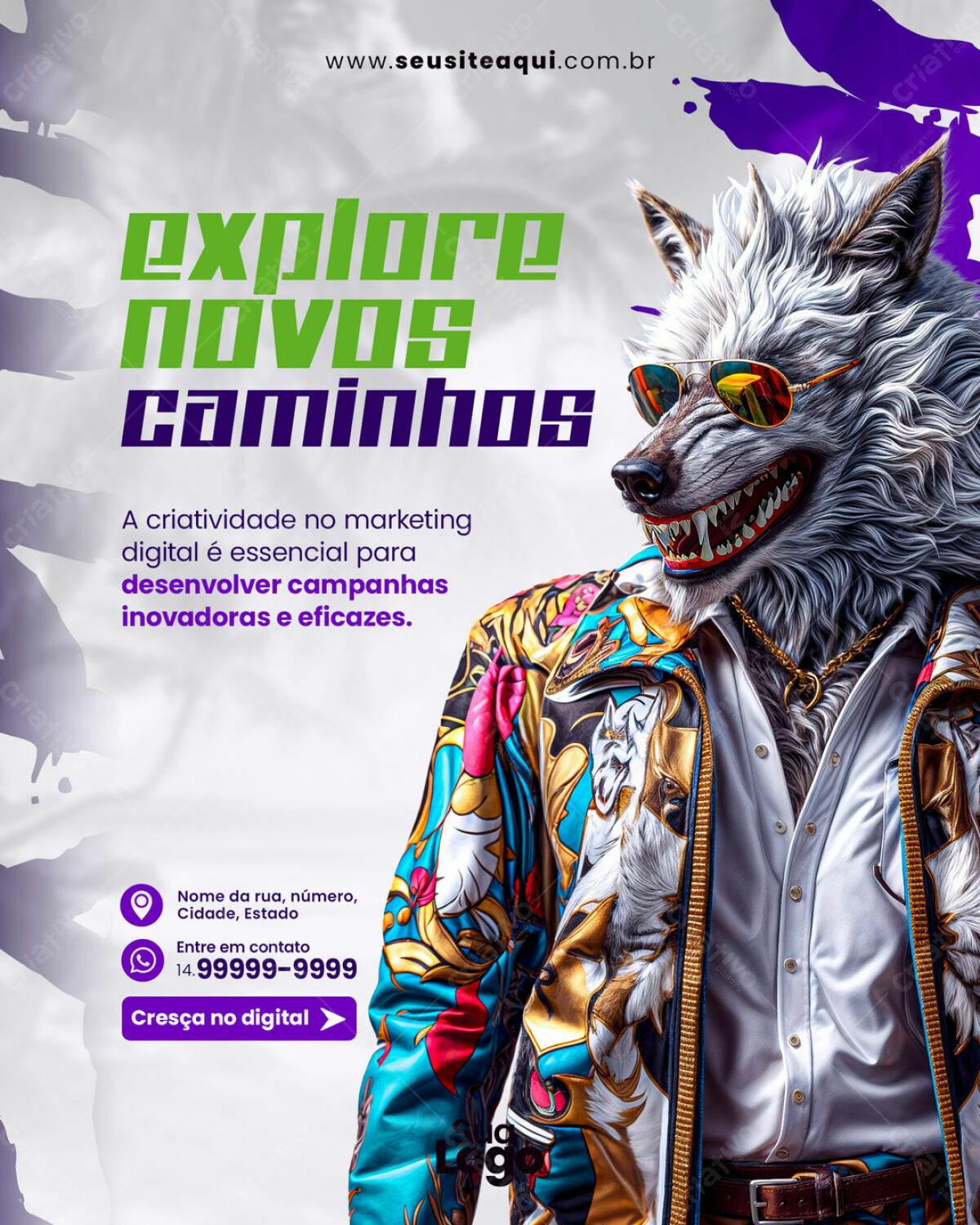 Flyer Marketing Digital com Lobo Estilizado PSD Editável
