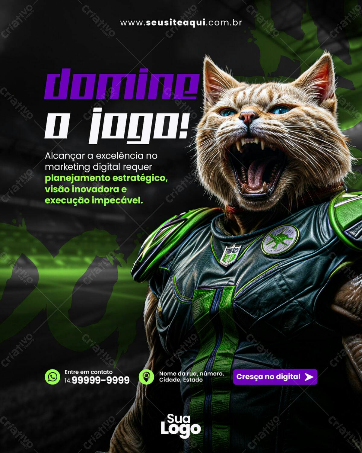 Flyer Marketing Digital com Gato Jogador PSD Editável