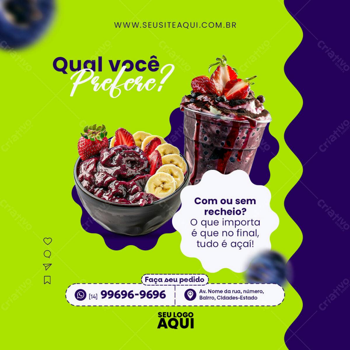 Post Açaí para Redes Sociais PSD Editável