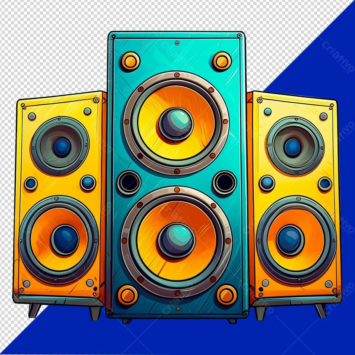 Arte de Caixas de Som Amarela e Azul PSD Editável
