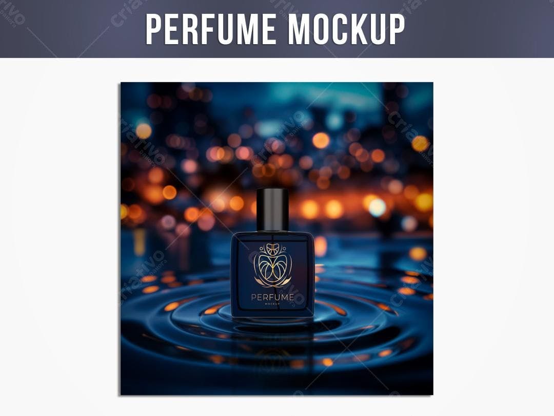 Mockup Realista de Perfume Noturno: Frasco Escuro e Detalhes Dourados