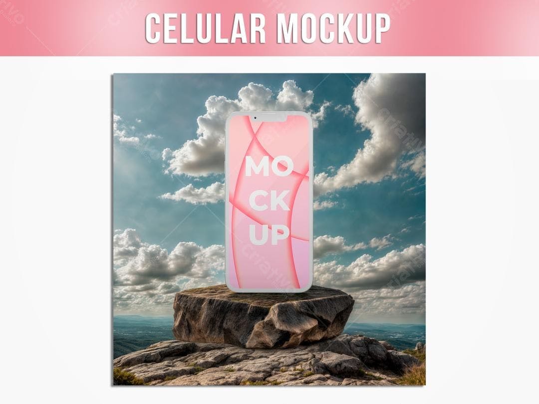 Mockup Celular em Paisagem Montanhosa: Design Moderno Rosa