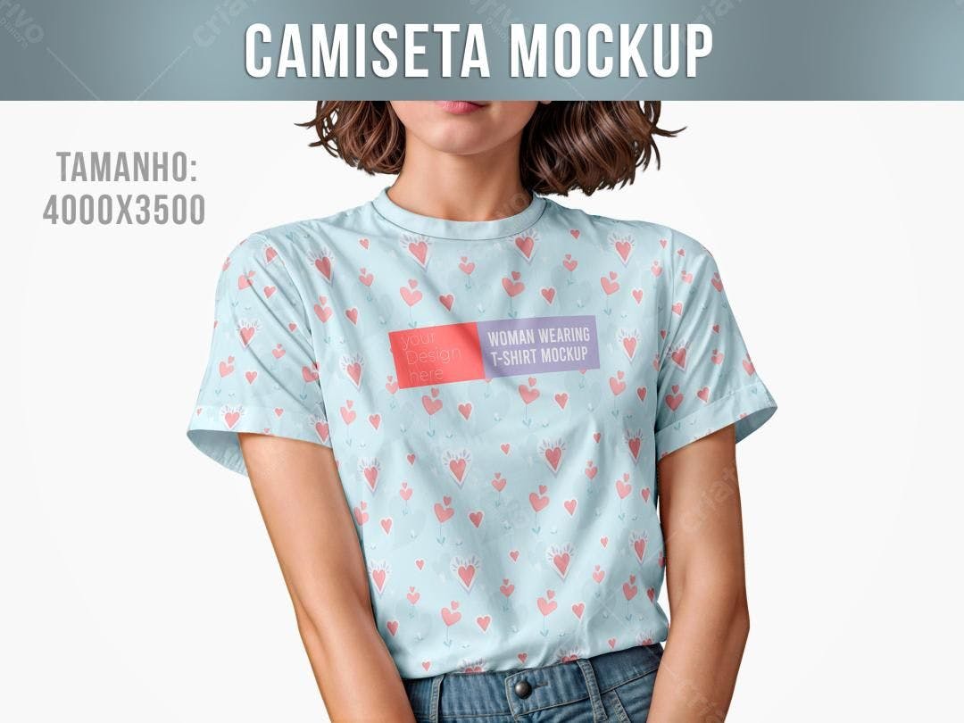 Mockup Camiseta Feminina: Estampa Romântica em Azul Claro