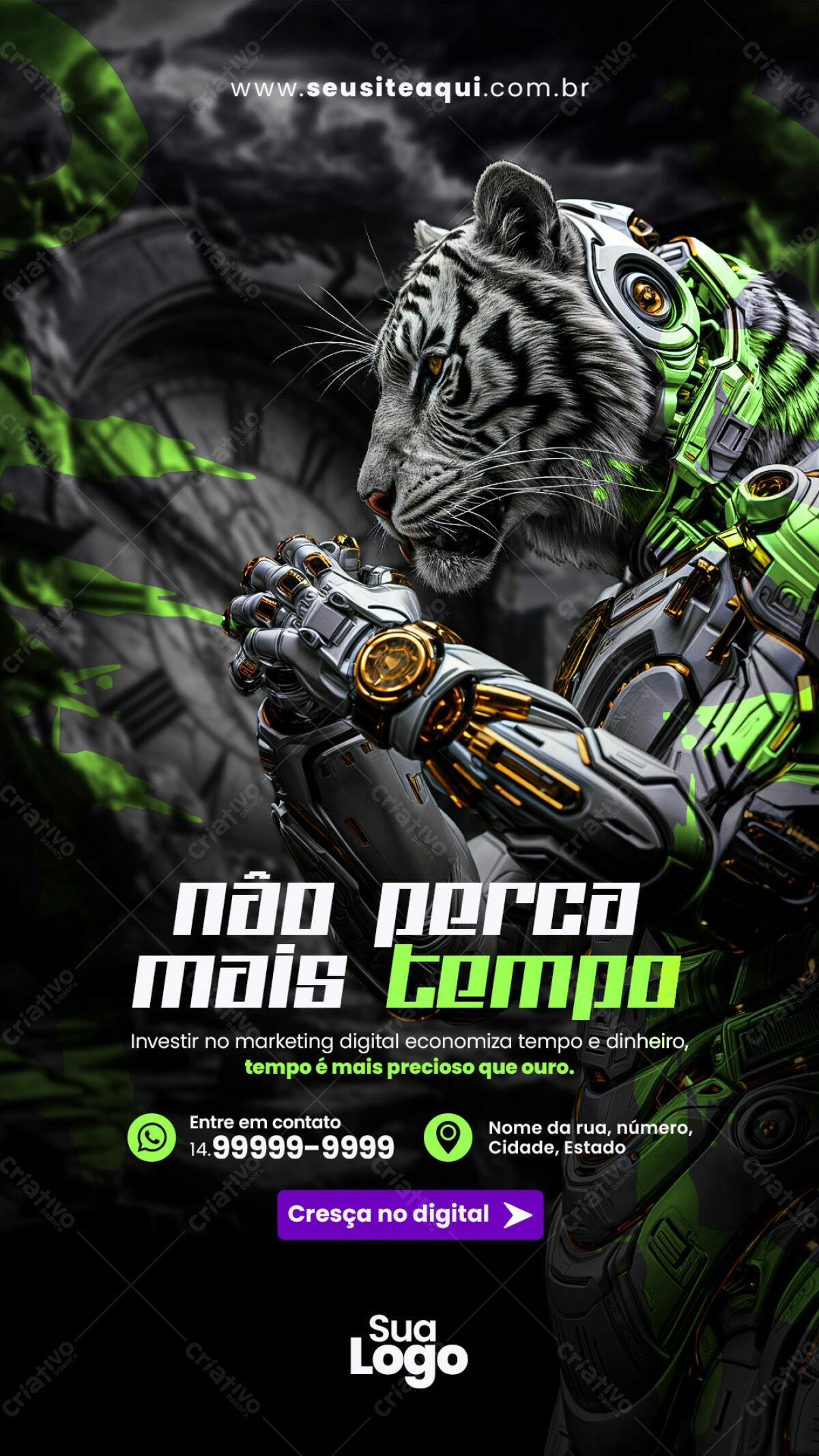 Flyer Marketing Digital com Tigre Robótico PSD Editável