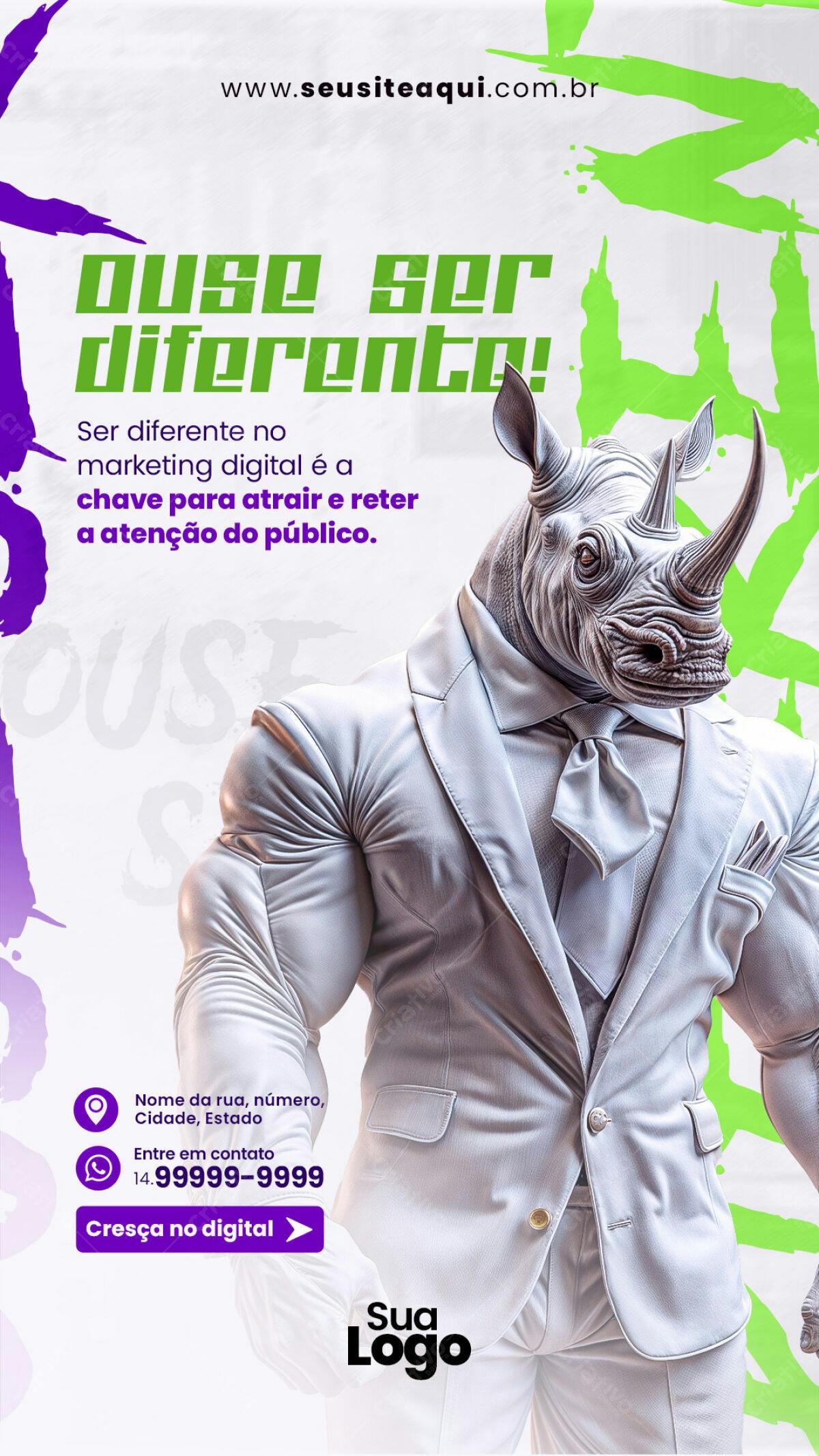 Flyer Marketing Digital Criativo com Rinoceronte PSD Editável
