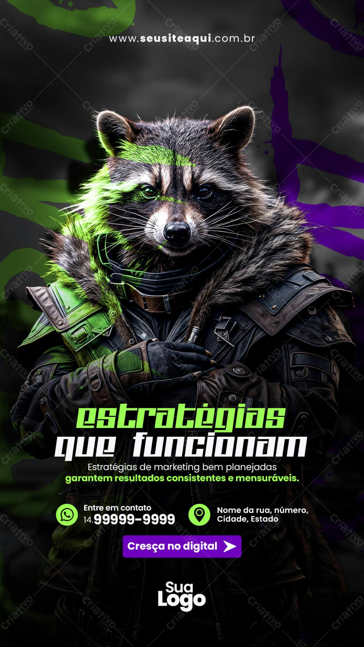 Flyer Marketing com Guaxinim Cyberpunk PSD Editável