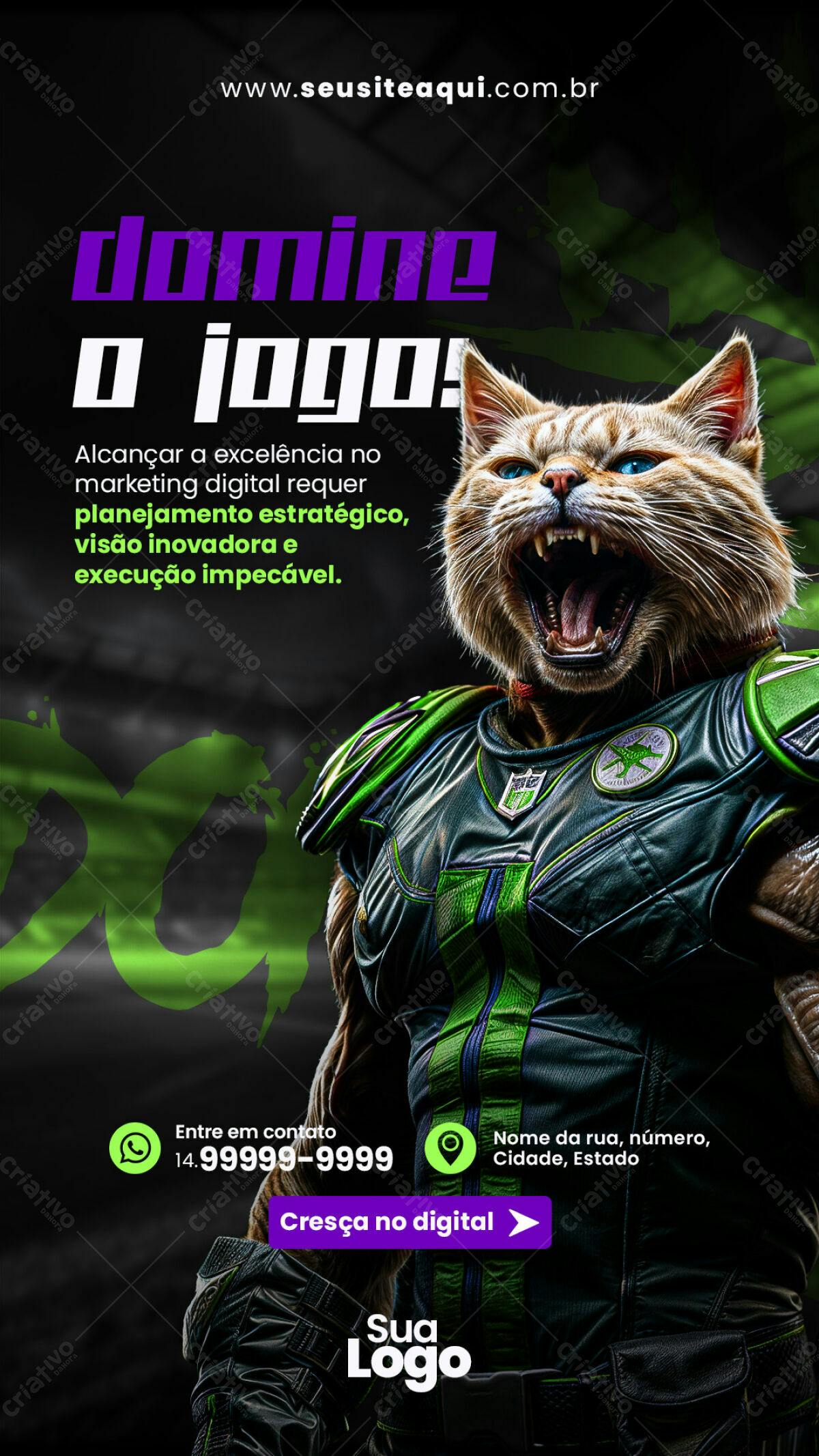 Flyer Marketing Digital com Gato Guerreiro PSD Editável