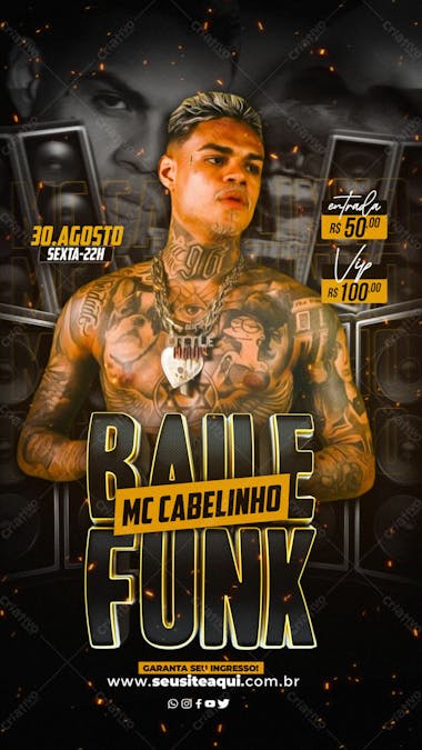 Flyer evento música baile funk mc cabelinho para redes sociais stories