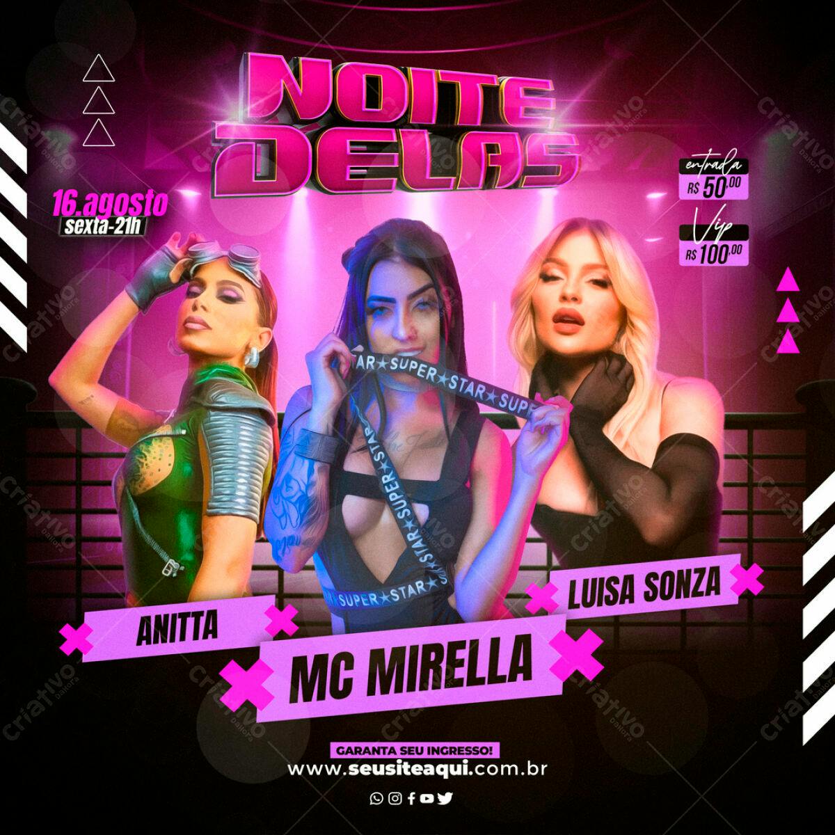 Flyer Noite Delas com Anitta, MC Mirella e Luisa Sonza PSD Editável