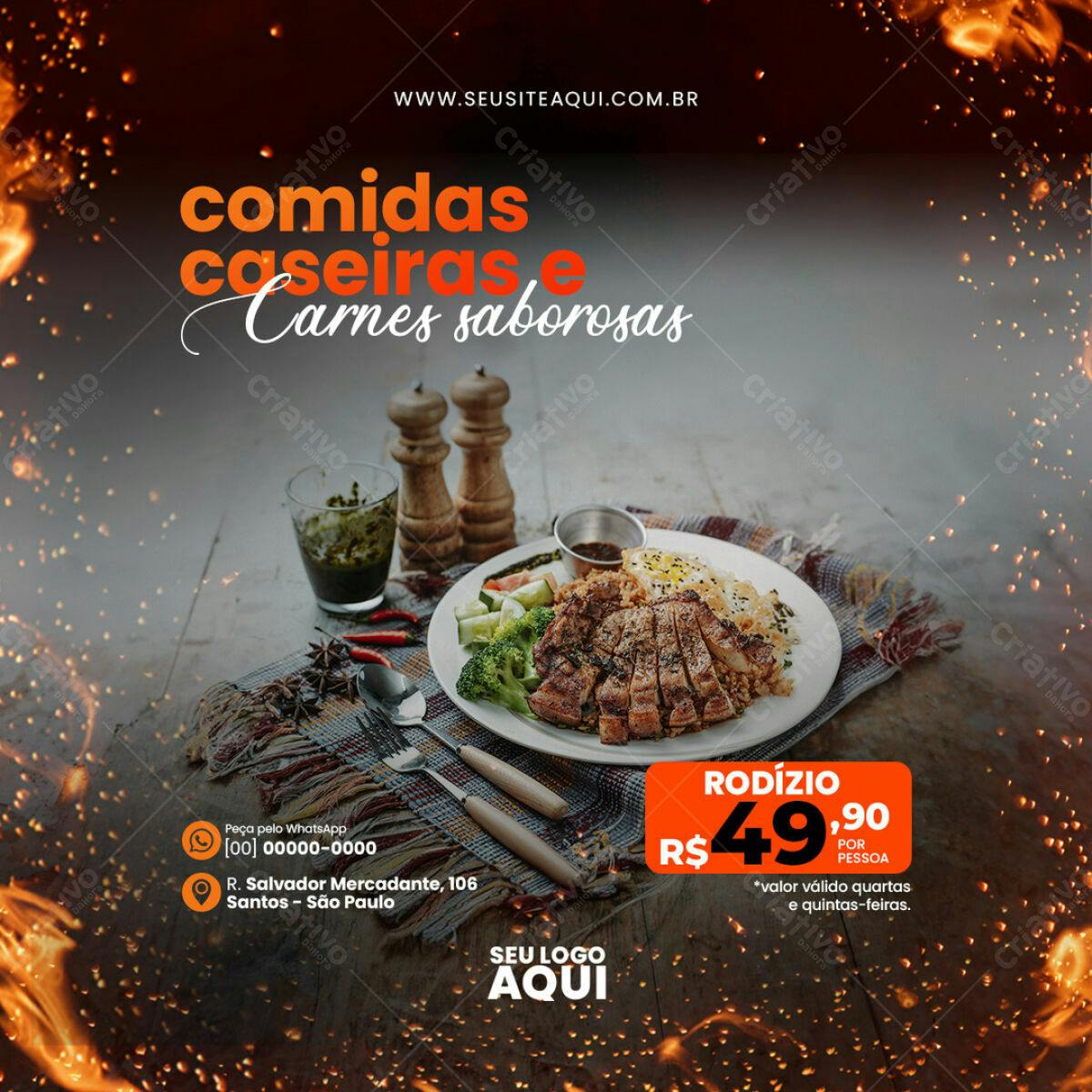 Flyer para Rodízio de Comidas Caseiras e Carnes Saborosas PSD Editável