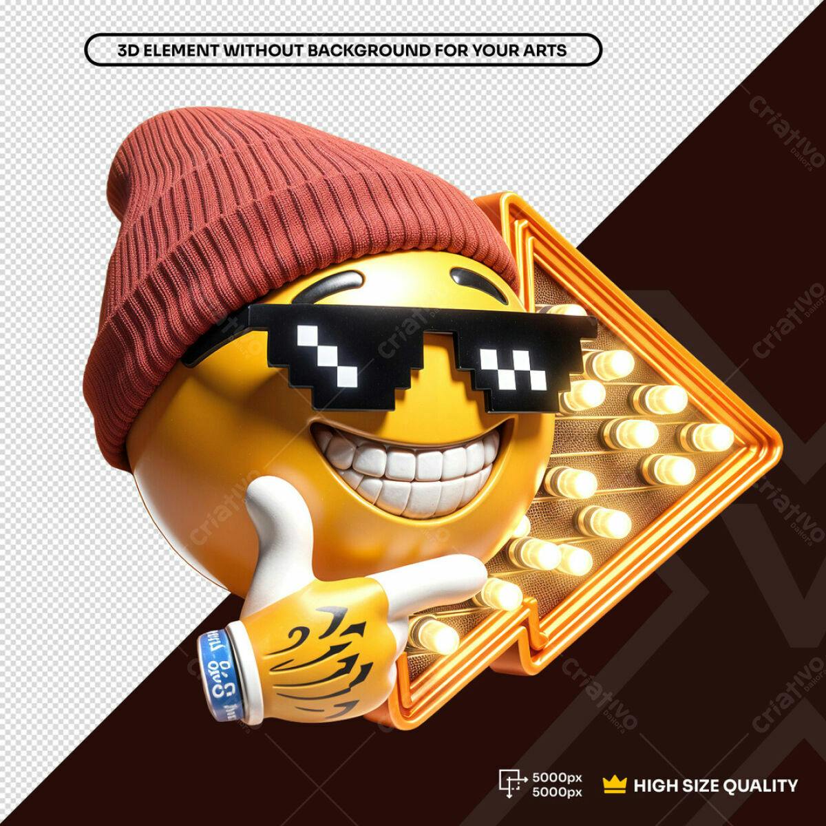 Emoji 3D com Boina e Óculos Pixel PSD Editável