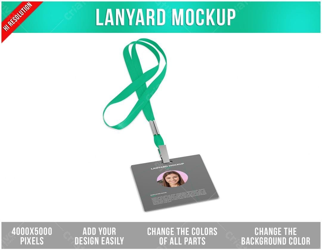 Mockup de Cordão Porta-Crachá Verde-Claro com Crachá Cinza