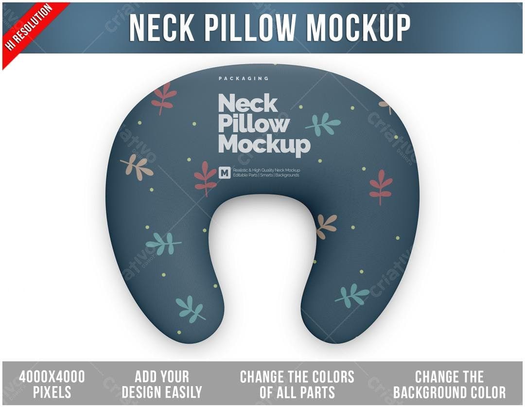 Mockup Travesseiro Pescoço: Design Floral Azul Escuro