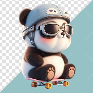 Elemento 3d panda fofo em cima de um skate vestindo um oculos escuro