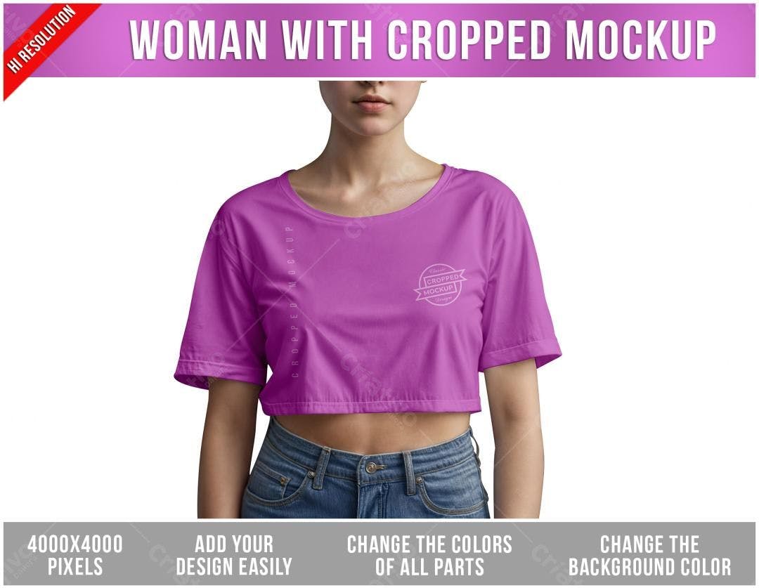 Mockup Camiseta Cropped Rosa: Modelo Feminina