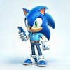 Personagem sonic 3d gerado por i.a em pose, segurando celular em fundo degradê