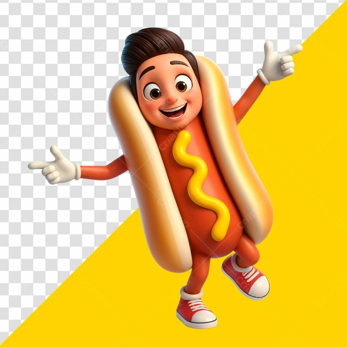 Personagem Hot Dog Amarelo e Vermelho PSD Editável