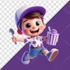 Elemento 3d menino alegre com um pote de sorvete roxo na mão