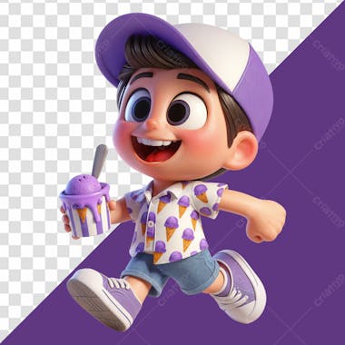 Elemento 3d menino alegre com um pote de sorvete roxo na mão