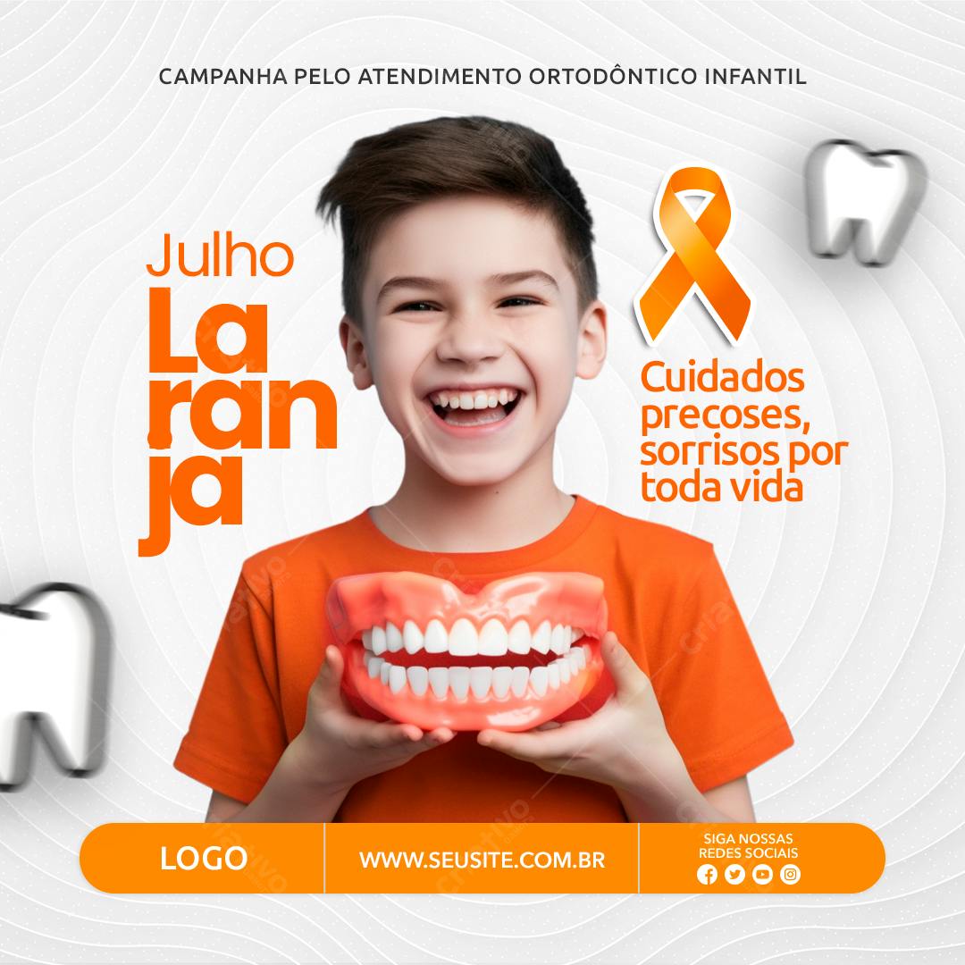 Flyer Julho Laranja - Saúde Bucal Infantil PSD Editável