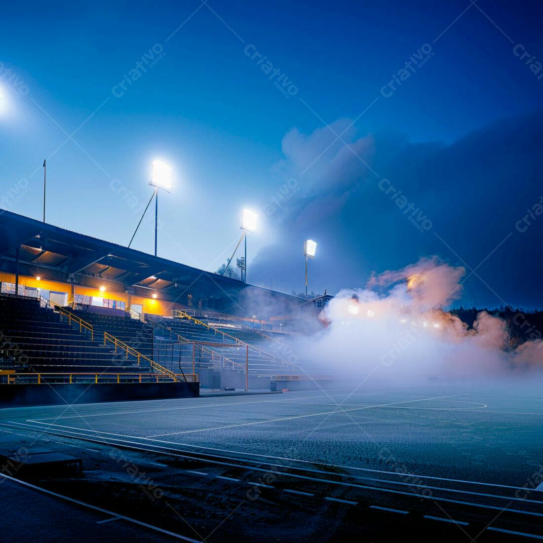 Estádio de futebol em noite fria com neblina