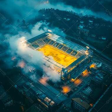 Estádio de futebol modernizado cheio de fumaça e iluminado por luzes