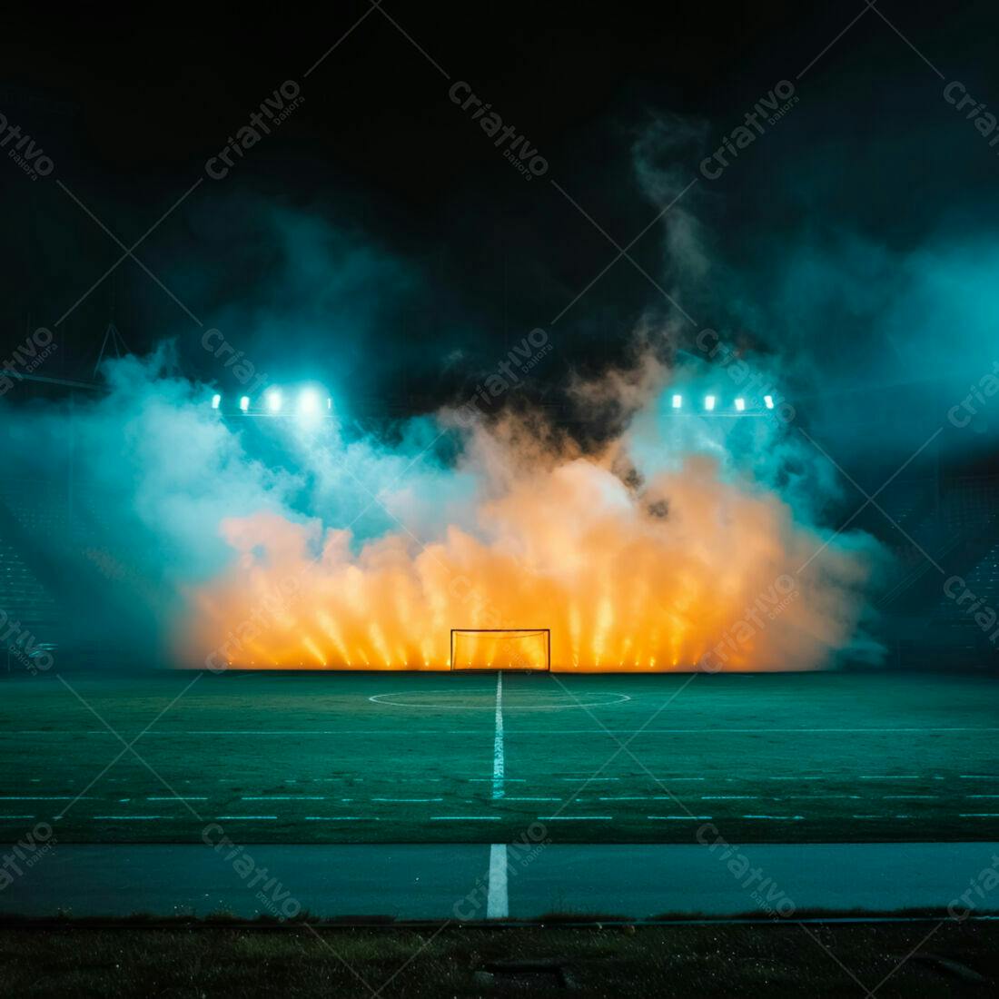 Estádio de futebol noturno com fumaça laranja e azul