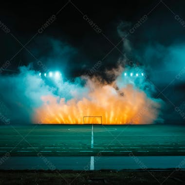 Estádio de futebol modernizado cheio de fumaça e iluminado por luzes