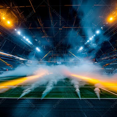 Estádio de futebol modernizado cheio de fumaça e iluminado por luzes