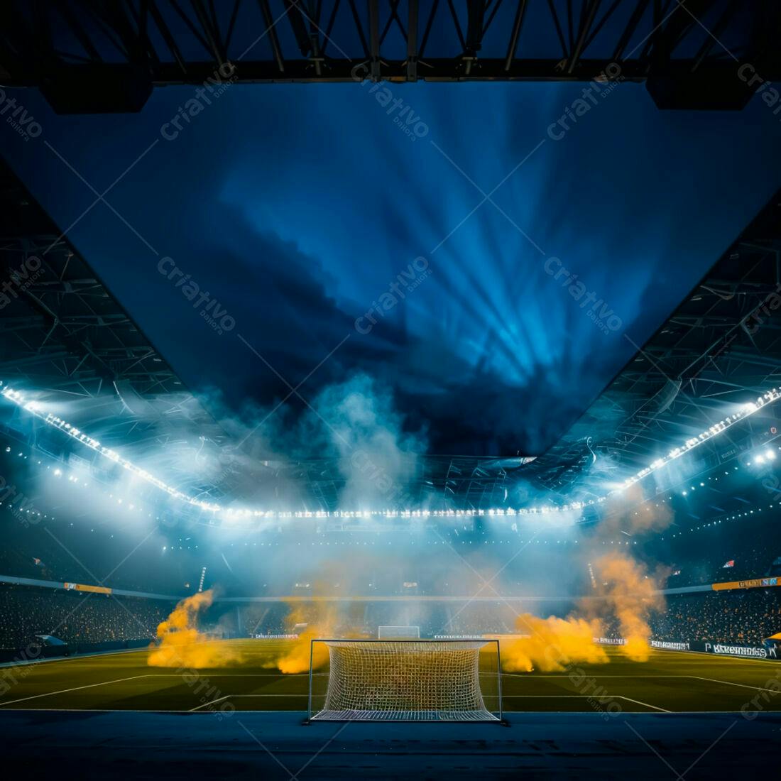 Estádio de futebol noturno com fumaça amarela