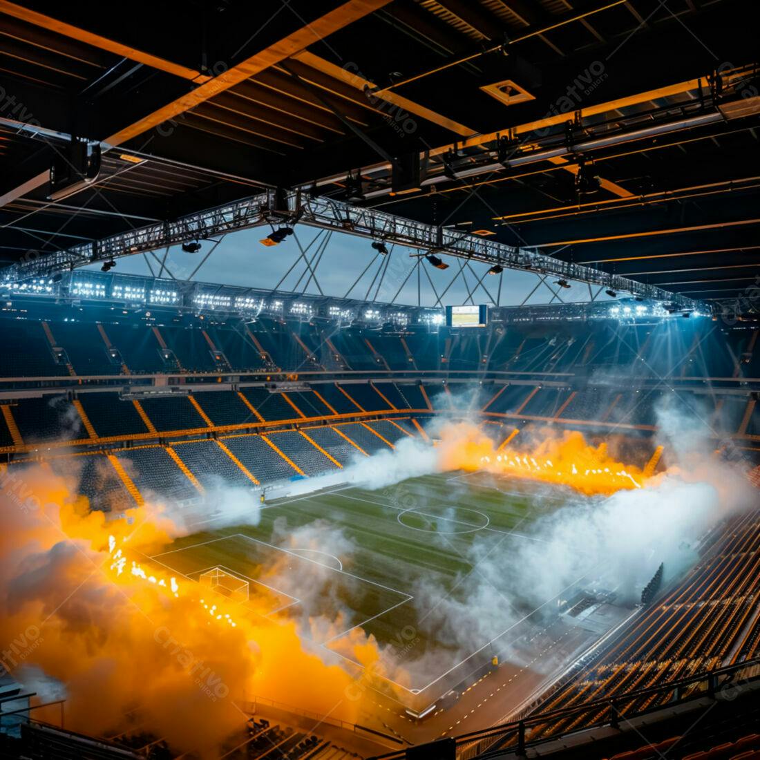 Estádio de futebol com fogos e fumaça laranja