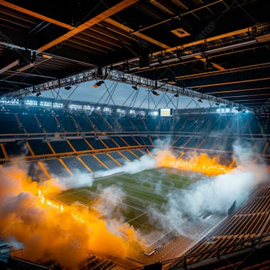 Estádio de futebol modernizado cheio de fumaça e iluminado por luzes