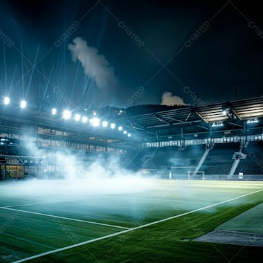 Estádio de futebol modernizado cheio de fumaça e iluminado por luzes