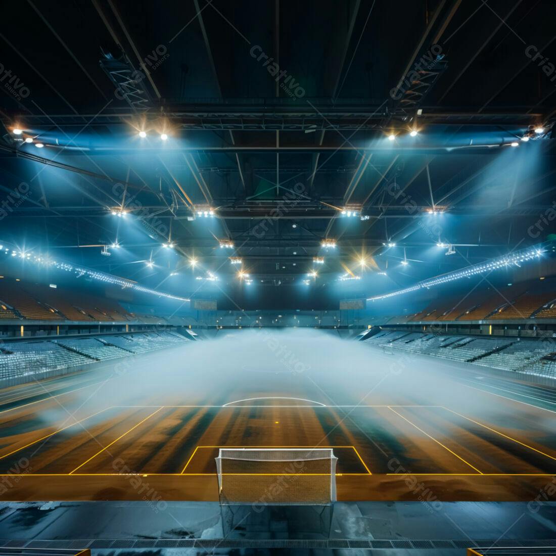 Estádio de futebol com neblina noturna