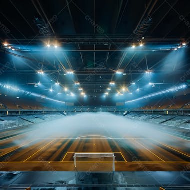 Estádio de futebol modernizado cheio de fumaça e iluminado por luzes