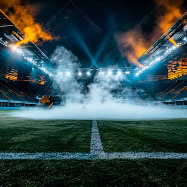 Estádio de futebol modernizado cheio de fumaça e iluminado por luzes