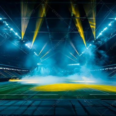 Estádio de futebol modernizado cheio de fumaça e iluminado por luzes