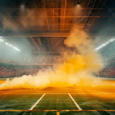 Estádio de futebol modernizado cheio de fumaça e iluminado por luzes