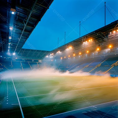 Estádio de futebol modernizado cheio de fumaça e iluminado por luzes