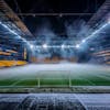 Estádio de futebol modernizado cheio de fumaça e iluminado por luzes