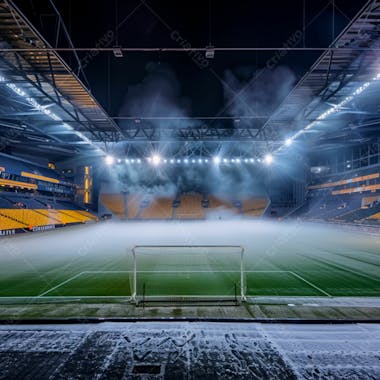 Estádio de futebol modernizado cheio de fumaça e iluminado por luzes