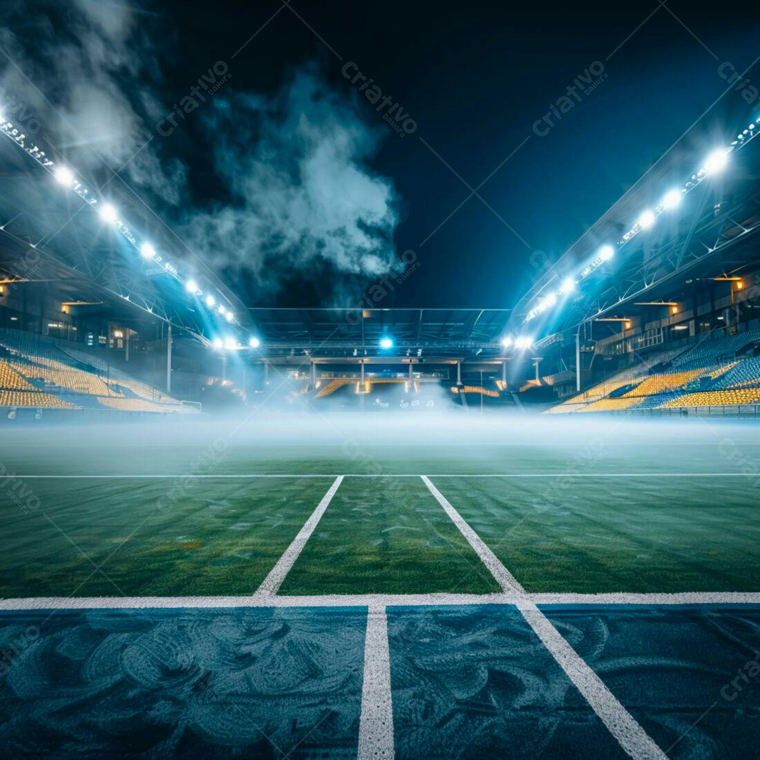 Estádio de futebol noturno com neblina