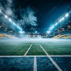 Modernized soccer stadium filled with smoke and illuminated by lights.