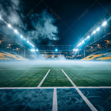 Estádio de futebol modernizado cheio de fumaça e iluminado por luzes