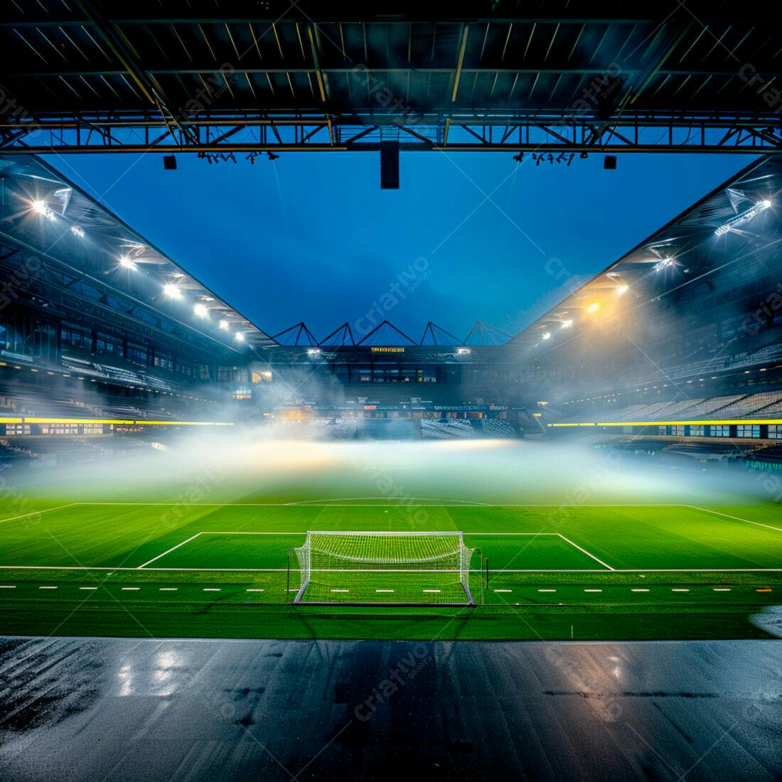 Estádio de futebol noturno com neblina