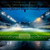 Modernized football stadium full of smoke and illuminated by lights