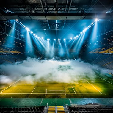 Estádio de futebol modernizado cheio de fumaça e iluminado por luzes