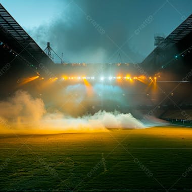 Estádio de futebol modernizado cheio de fumaça e iluminado por luzes